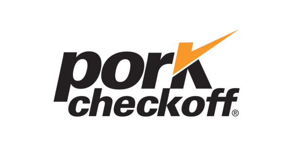 "pork checkoff" in black letters with a yellow check mark in the "K"